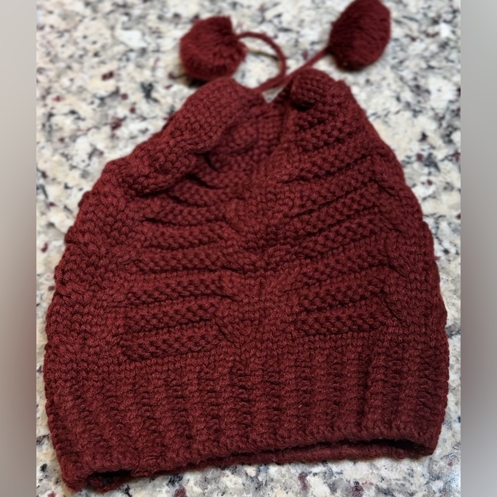Burgundy Cable Knit Pom Pom Beanie Winter Hat One Size